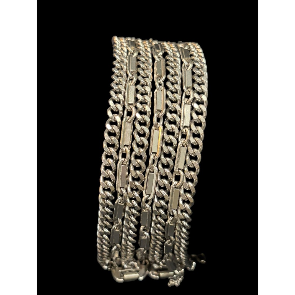 Vintage Monet Signed 7-Strand Silver Tone Chain Statement Bracelet 1960s